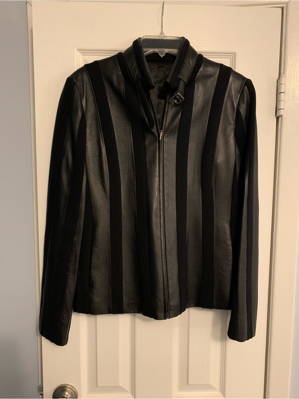 Black Leather Jacket with Vertical Stripes of Merino Wool